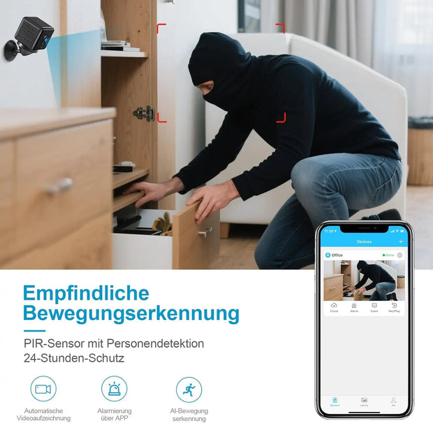 Mini Kamera, 4K HD WLAN Überwachungskamera Innen Für Live Übertragung Handy APP, Wifi Camera Nachtsichtkamera Mit Bewegungsmelder/Lange Batterielaufzeit/Cloud-Speicherplatz